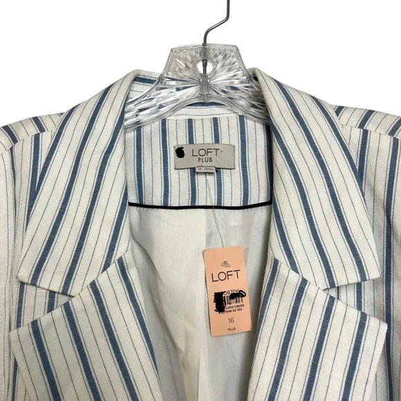LOFT PLUS NWT Striped Blazer Jacket 16 Linen Blue‎ White Single Button - Picture 4 of 7